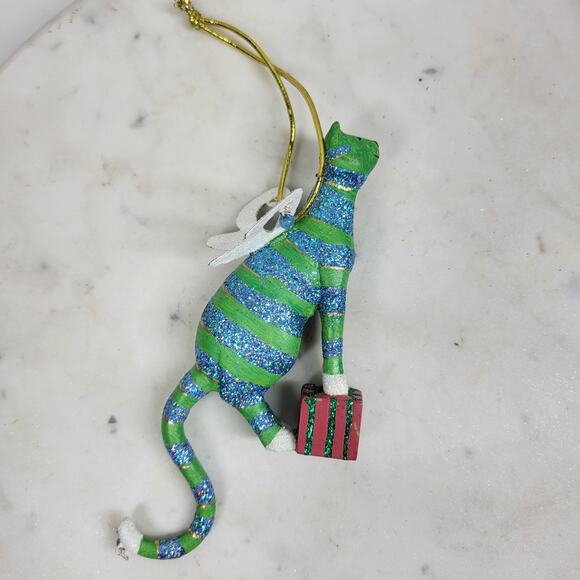 Vtg Cat Christmas Ornament 6.5" Green Glitter Striped Angel Wings Holiday Decor - Picture 3 of 15